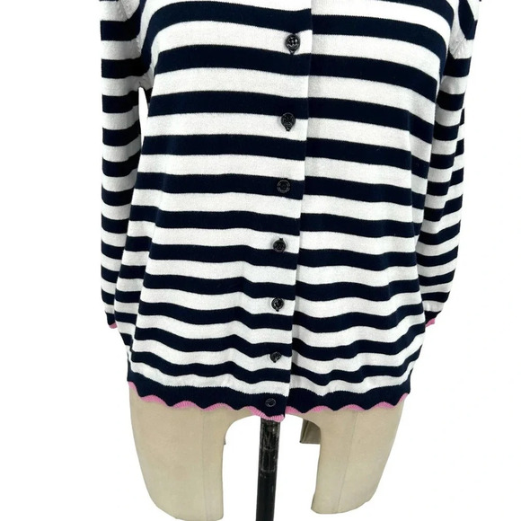 Allude Cardigan Sweater Striped‎ Cotton Scallop Trim Navy Blue White Size Medium - Picture 4 of 8